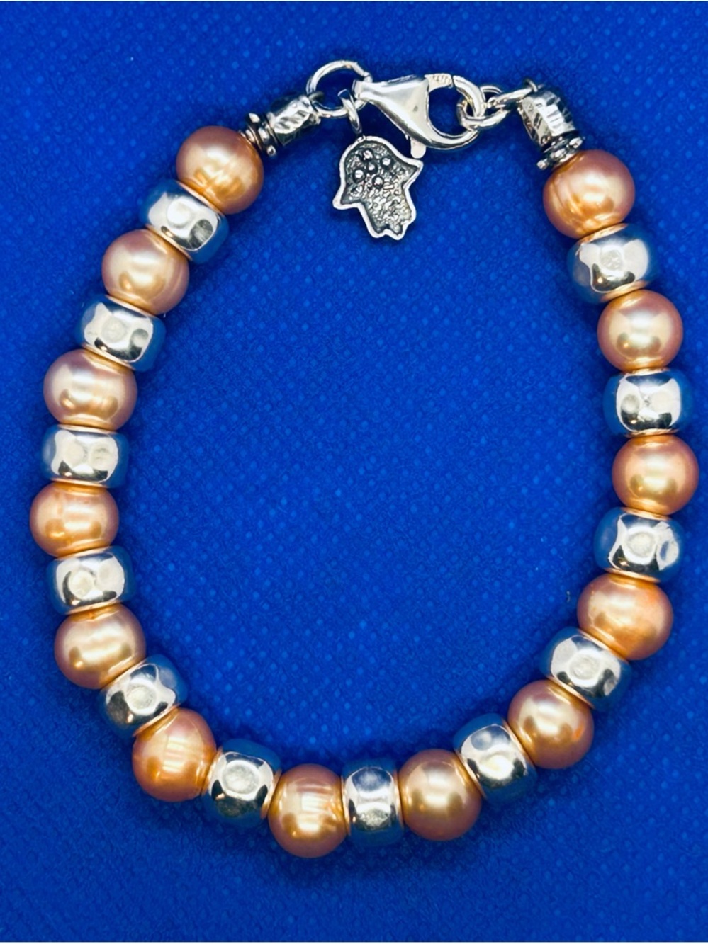 Sterling Silver Hamsa Peach Pearl Bracelet by Passage to Israel
